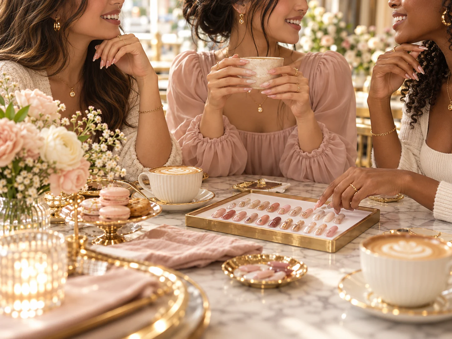 Women talking over coffee while choosing BáistieZ press-on nails