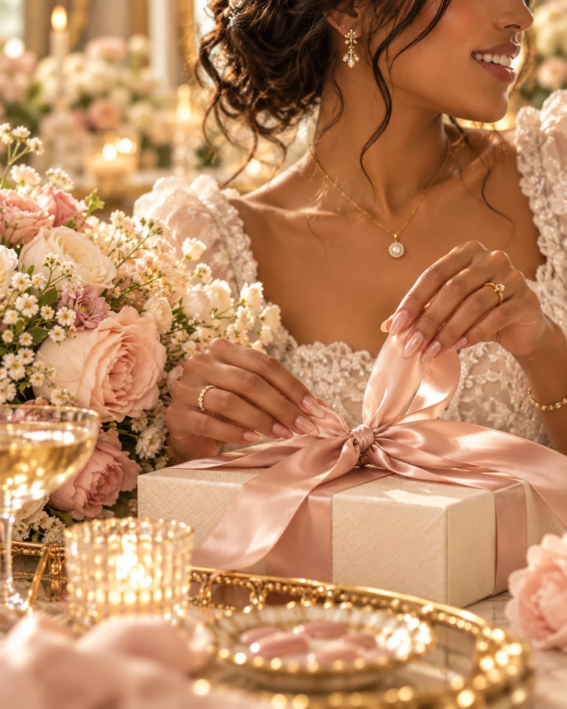 A woman at a celebration adjusting her earring, wearing a soft champagne press-on manicure