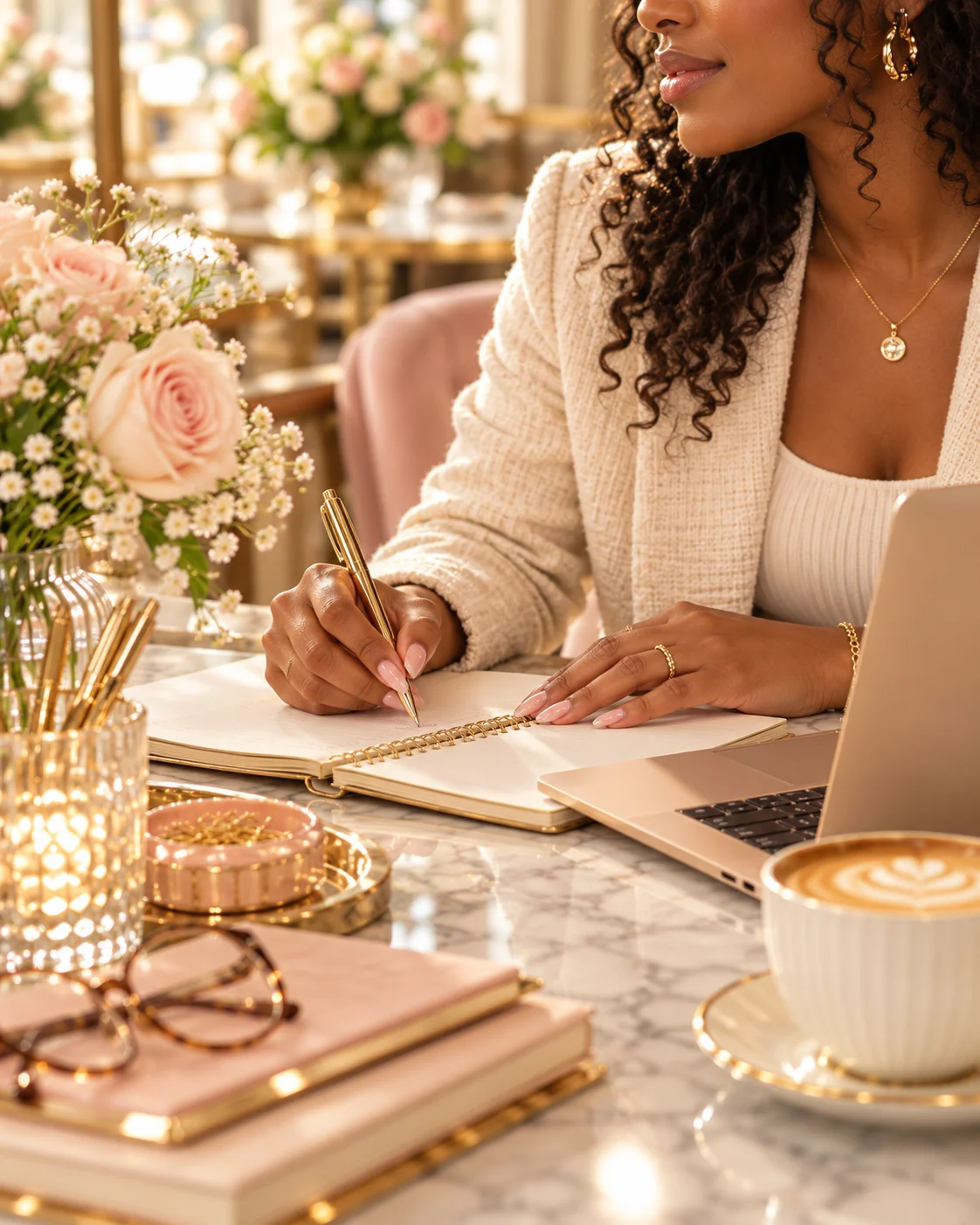 A professional woman typing on a laptop, wearing a short clean nude press-on manicure
